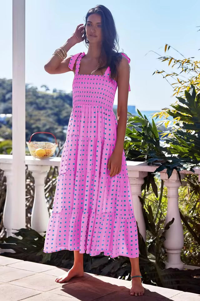 Elegant Square Neck Sleeveless Printed Outdoor Long Tank Dress