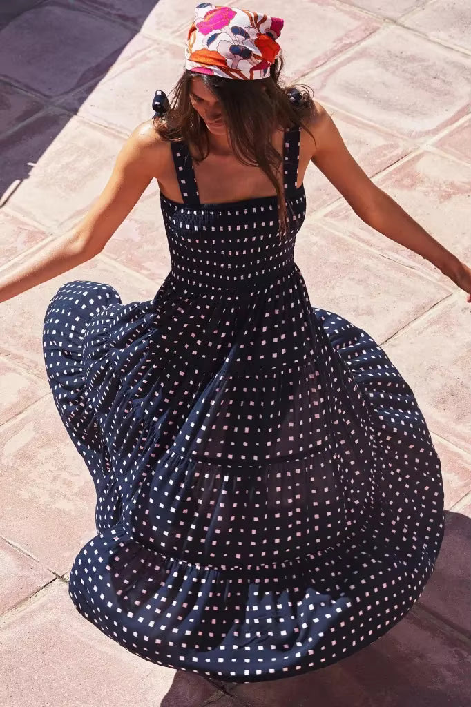 Elegant Square Neck Sleeveless Printed Outdoor Long Tank Dress