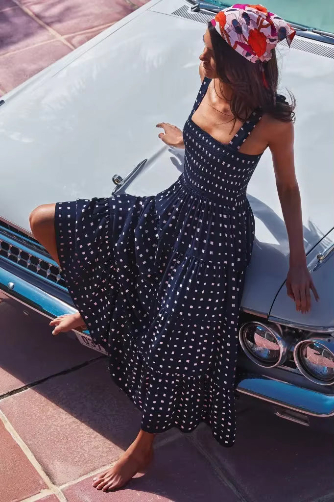 Elegant Square Neck Sleeveless Printed Outdoor Long Tank Dress