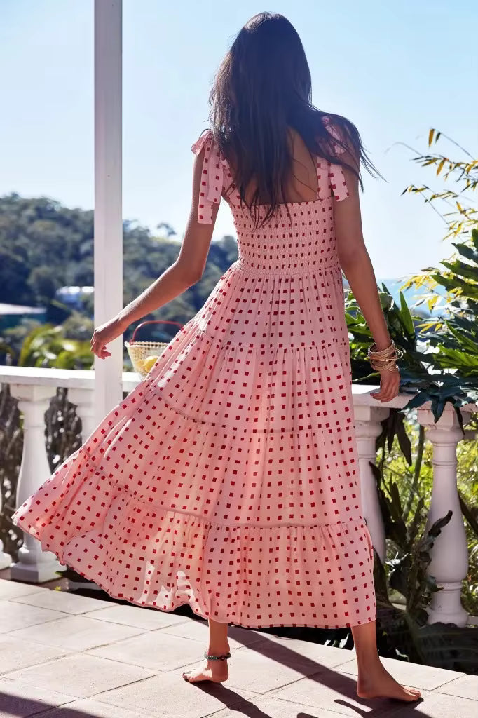 Elegant Square Neck Sleeveless Printed Outdoor Long Tank Dress