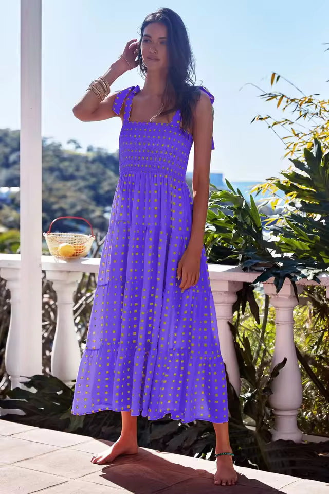 Elegant Square Neck Sleeveless Printed Outdoor Long Tank Dress
