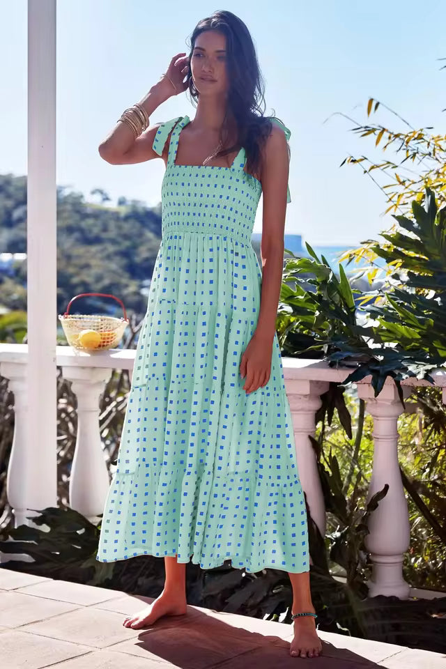 Elegant Square Neck Sleeveless Printed Outdoor Long Tank Dress