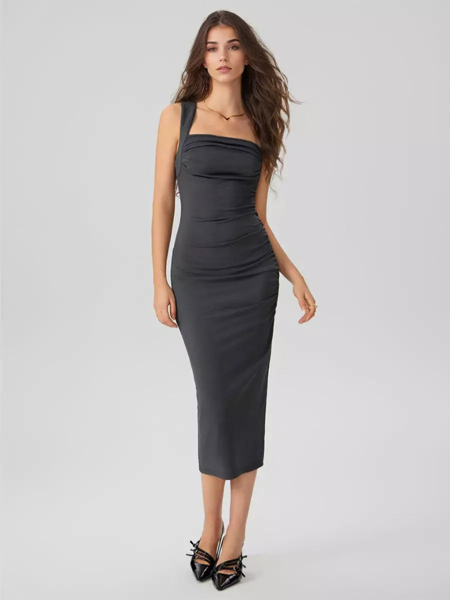 Elegant Square Neck Sleeveless Ruched Bodycon Midi Dress
