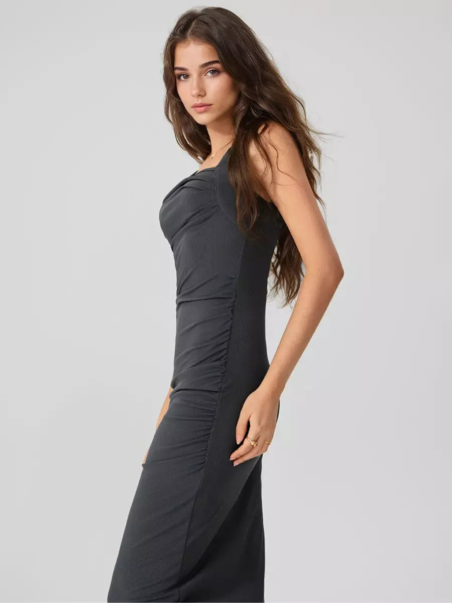 Elegant Square Neck Sleeveless Ruched Bodycon Midi Dress