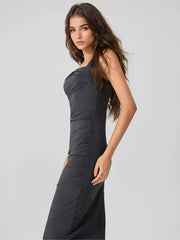 Elegant Square Neck Sleeveless Ruched Bodycon Midi Dress