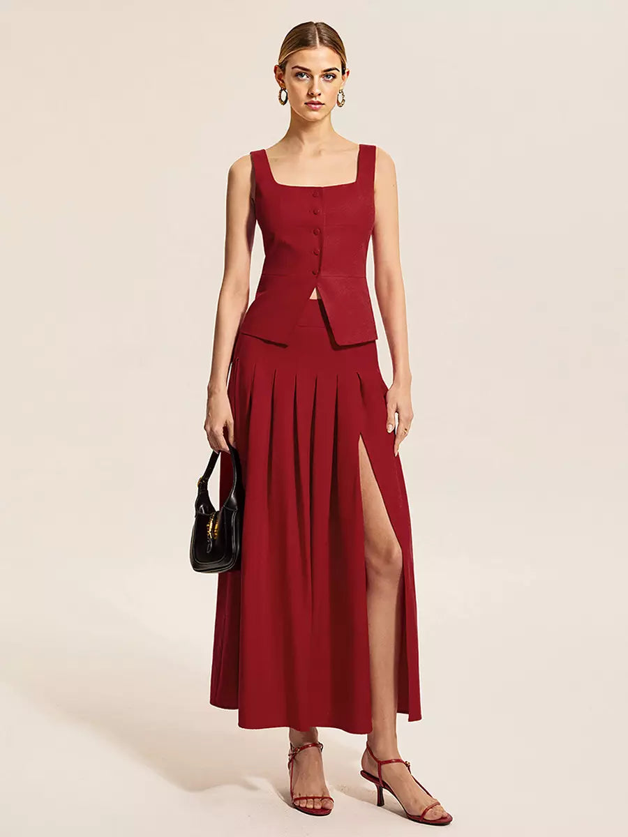 Elegant Square Neck Vest Top And Long Slit Skirt Two Piece Set