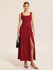 Elegant Square Neck Vest Top And Long Slit Skirt Two Piece Set