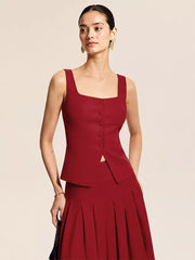 Elegant Square Neck Vest Top And Long Slit Skirt Two Piece Set