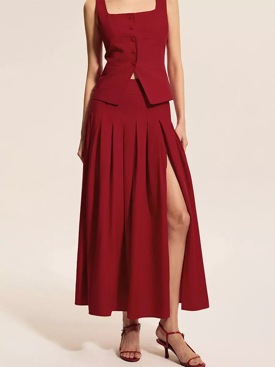 Elegant Square Neck Vest Top And Long Slit Skirt Two Piece Set