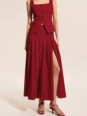Elegant Square Neck Vest Top And Long Slit Skirt Two Piece Set