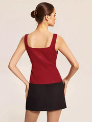Elegant Square Neck Vest Top And Long Slit Skirt Two Piece Set