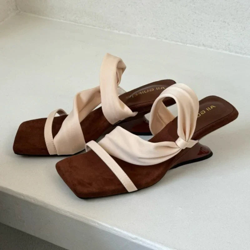 Elegant Square Toe Narrow Band Designer Brand Sandal Shallow Wedges Sandal Concise Comfortable Slide Sandal