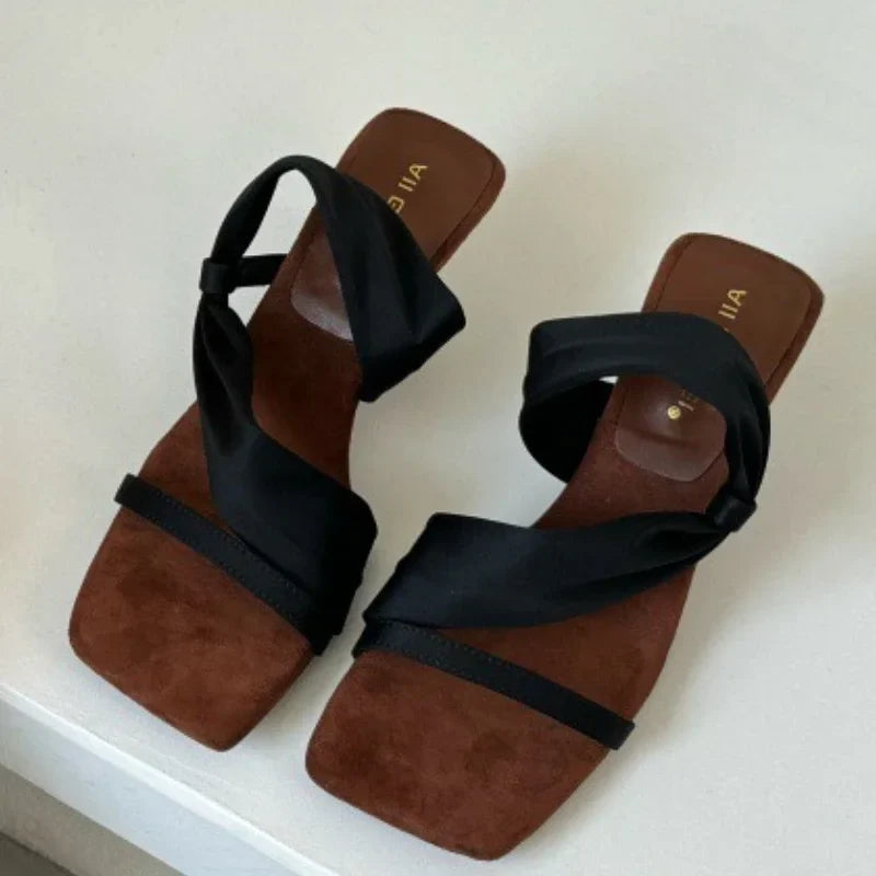 Elegant Square Toe Narrow Band Designer Brand Sandal Shallow Wedges Sandal Concise Comfortable Slide Sandal