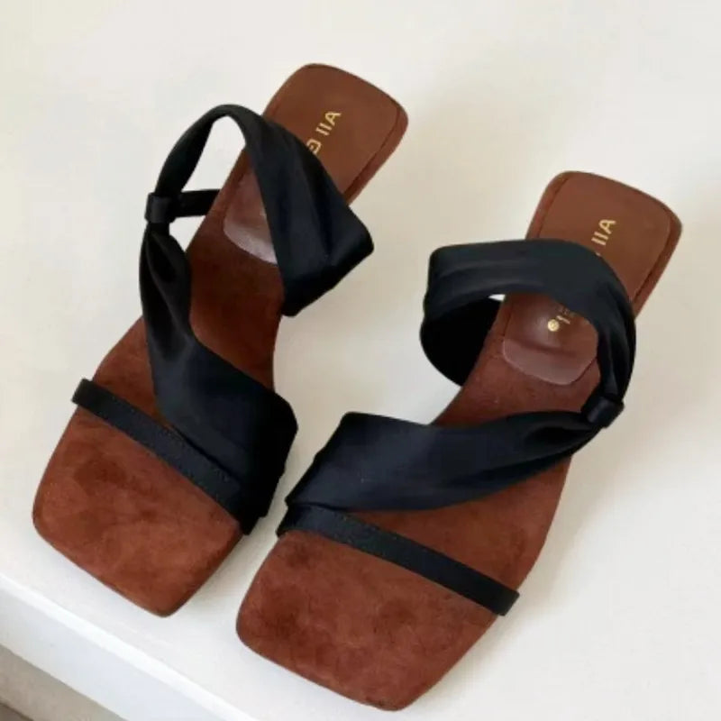 Elegant Square Toe Narrow Band Designer Brand Sandal Shallow Wedges Sandal Concise Comfortable Slide Sandal
