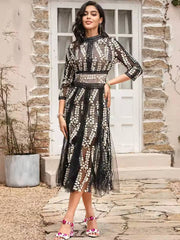 Elegant Stand Collar High Waist Embroidery Midi Dress