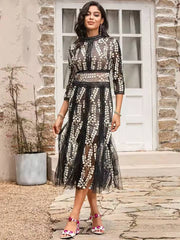 Elegant Stand Collar High Waist Embroidery Midi Dress