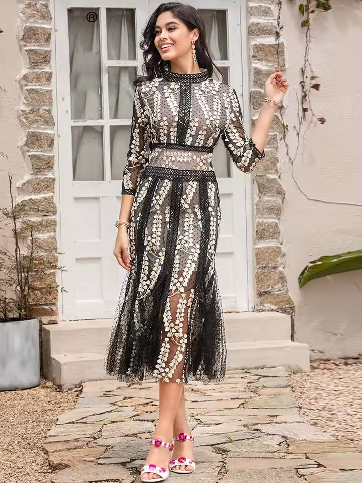 Elegant Stand Collar High Waist Embroidery Midi Dress