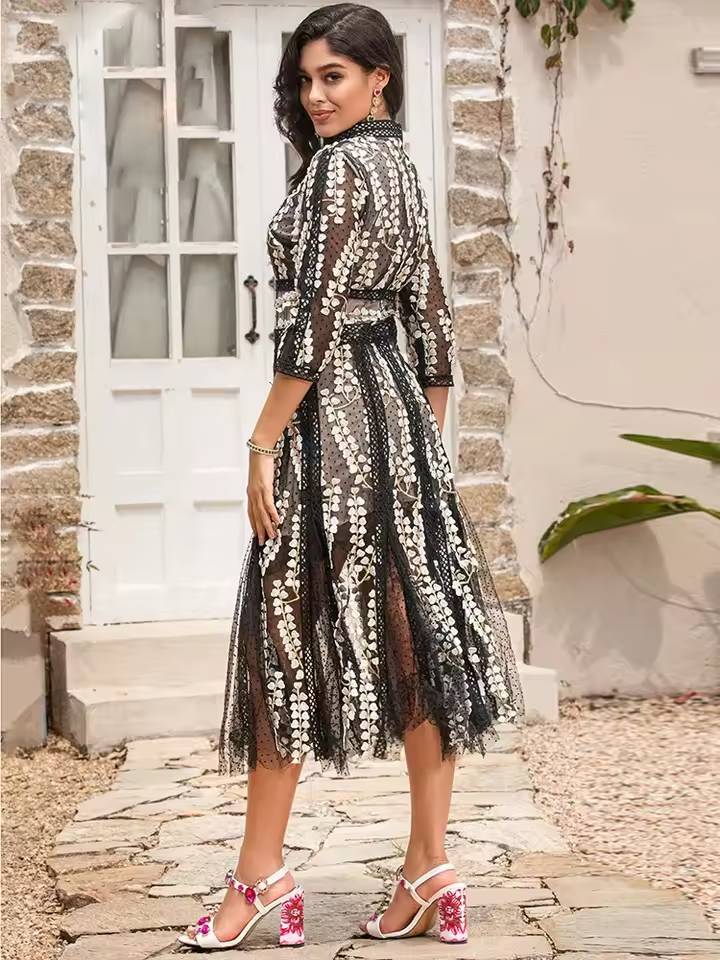 Elegant Stand Collar High Waist Embroidery Midi Dress