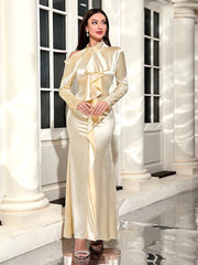 Elegant Stand Collar Hollow Out Ruffle Design Long Dress