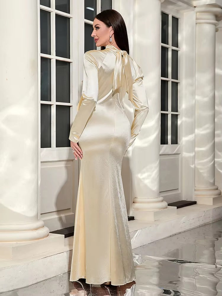 Elegant Stand Collar Hollow Out Ruffle Design Long Dress
