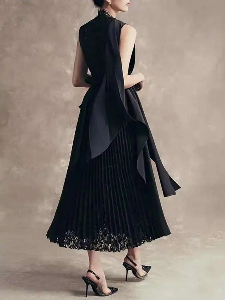 Elegant Stand Collar Lace Patchwork Ribbon Asymmetrical Pleated A-line Midi Dress