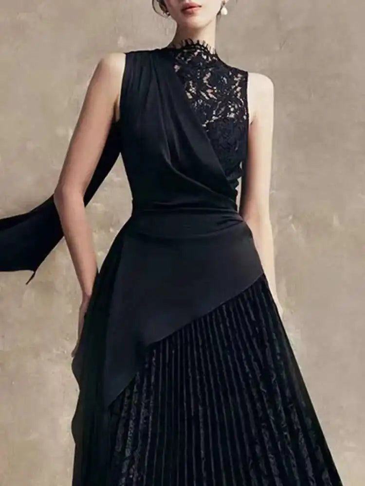 Elegant Stand Collar Lace Patchwork Ribbon Asymmetrical Pleated A-line Midi Dress