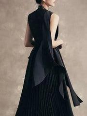 Elegant Stand Collar Lace Patchwork Ribbon Asymmetrical Pleated A-line Midi Dress