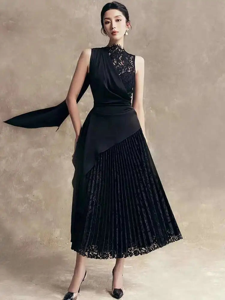 Elegant Stand Collar Lace Patchwork Ribbon Asymmetrical Pleated A-line Midi Dress