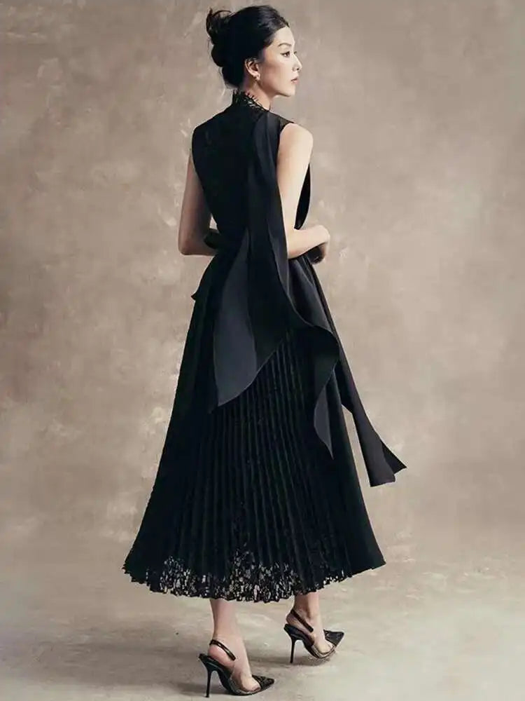 Elegant Stand Collar Lace Patchwork Ribbon Asymmetrical Pleated A-line Midi Dress