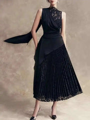 Elegant Stand Collar Lace Patchwork Ribbon Asymmetrical Pleated A-line Midi Dress