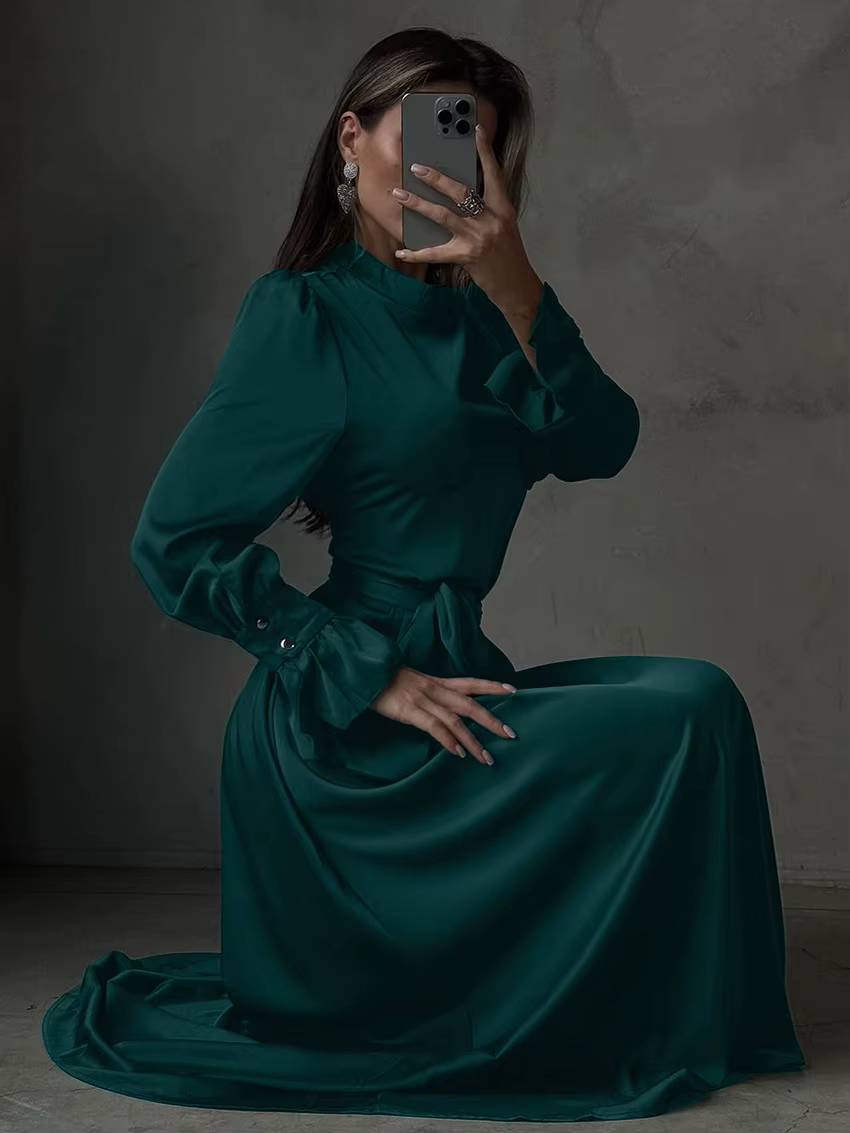 Elegant Stand Collar Long Sleeve Ankle Length Lace-Up Satin Maxi Dress