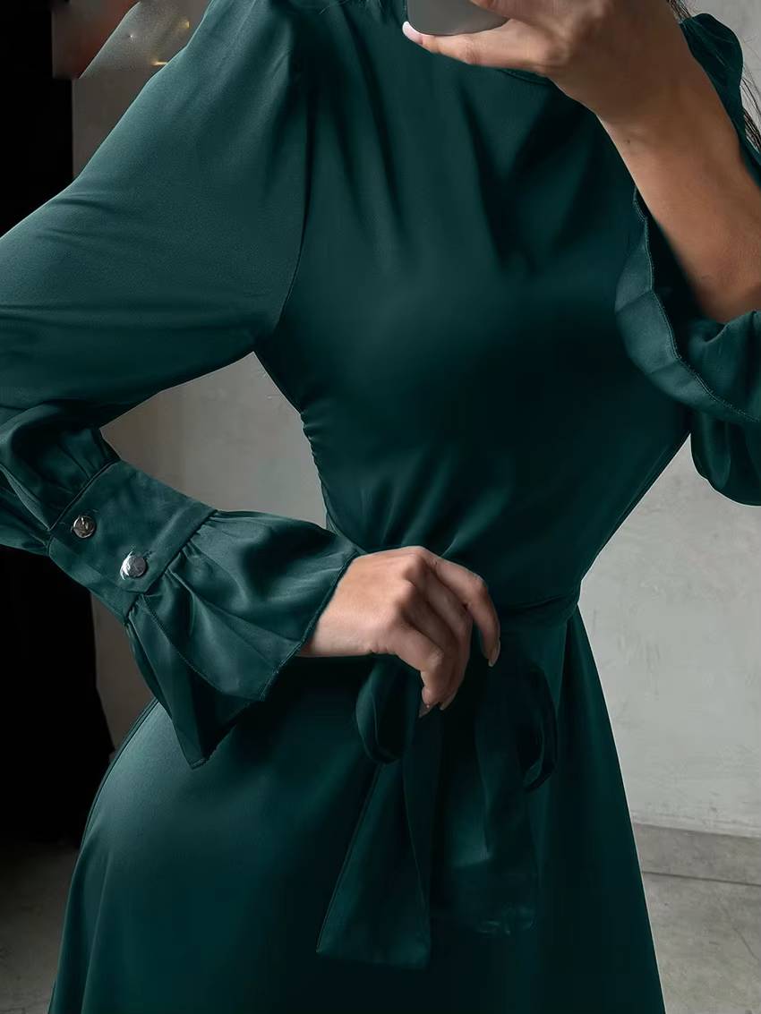 Elegant Stand Collar Long Sleeve Ankle Length Lace-Up Satin Maxi Dress
