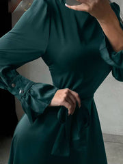 Elegant Stand Collar Long Sleeve Ankle Length Lace-Up Satin Maxi Dress
