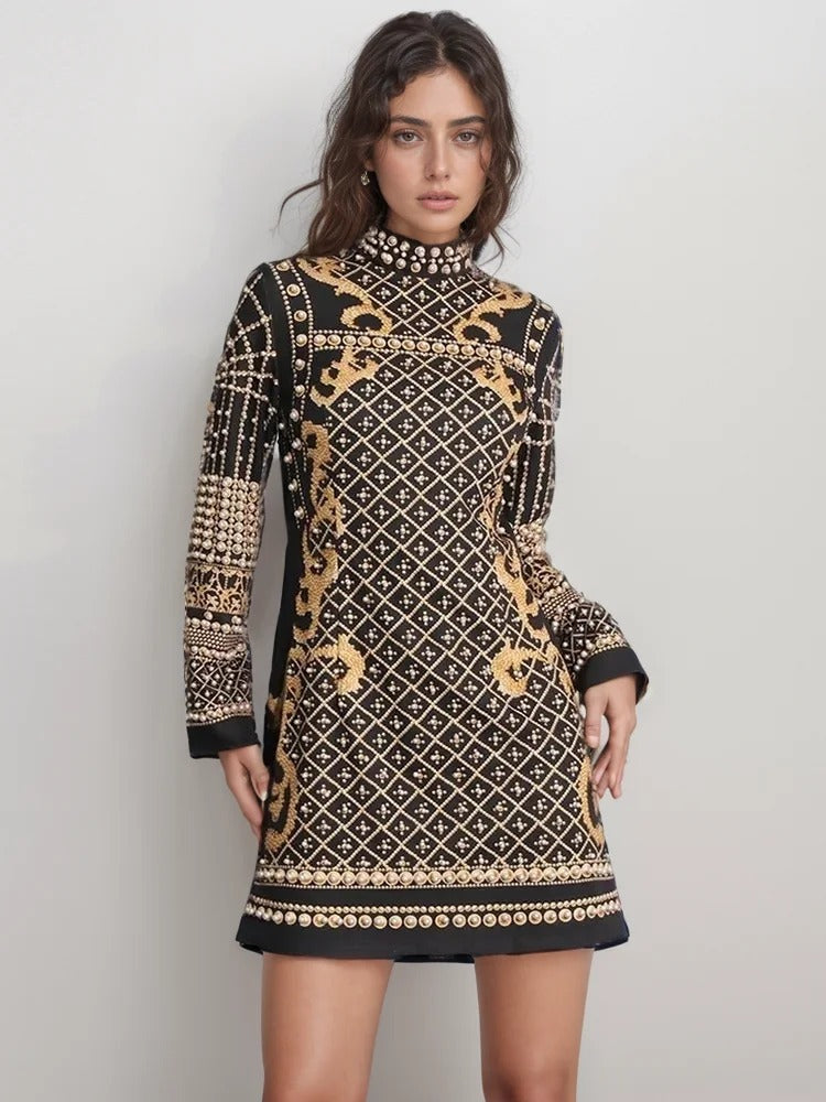 Elegant Stand Collar Long Sleeve High Waist Patchwork Pearls Mini Dress