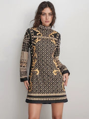 Elegant Stand Collar Long Sleeve High Waist Patchwork Pearls Mini Dress