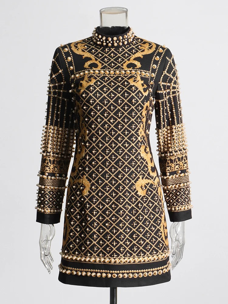 Elegant Stand Collar Long Sleeve High Waist Patchwork Pearls Mini Dress