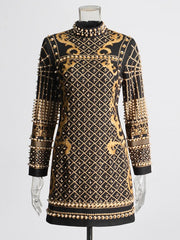 Elegant Stand Collar Long Sleeve High Waist Patchwork Pearls Mini Dress