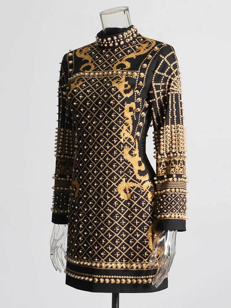 Elegant Stand Collar Long Sleeve High Waist Patchwork Pearls Mini Dress