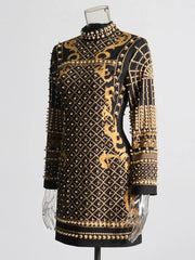 Elegant Stand Collar Long Sleeve High Waist Patchwork Pearls Mini Dress