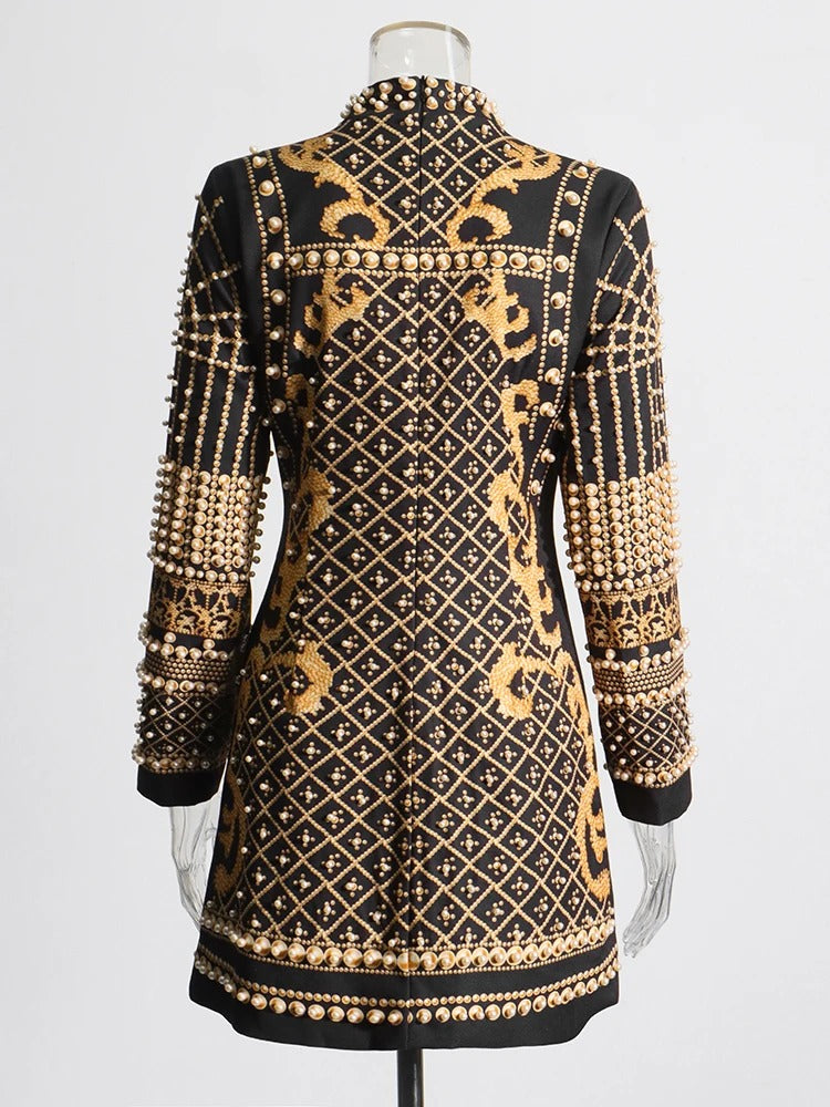 Elegant Stand Collar Long Sleeve High Waist Patchwork Pearls Mini Dress