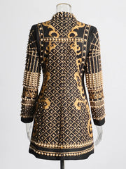 Elegant Stand Collar Long Sleeve High Waist Patchwork Pearls Mini Dress