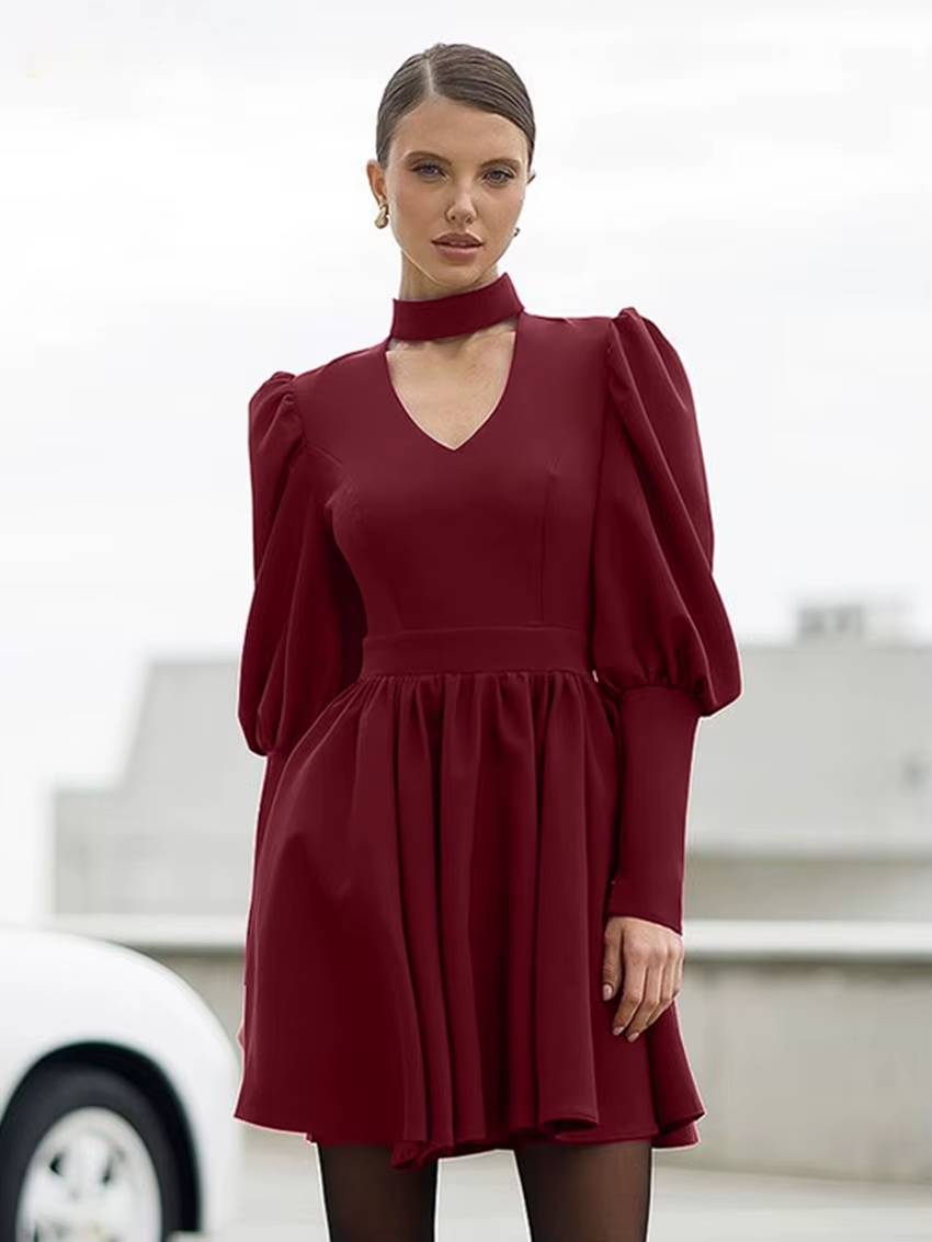 Elegant Stand Collar Long Sleeve High Waist Pleated Mini Dress