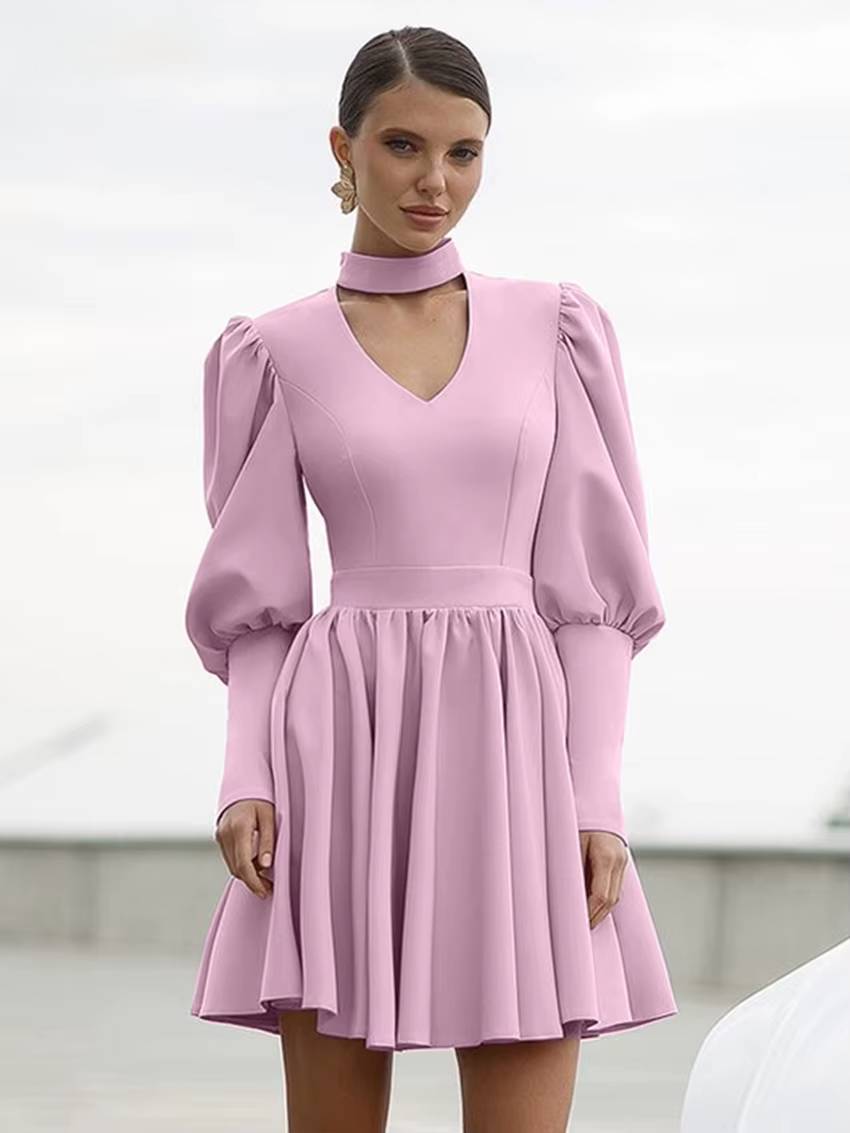 Elegant Stand Collar Long Sleeve High Waist Pleated Mini Dress