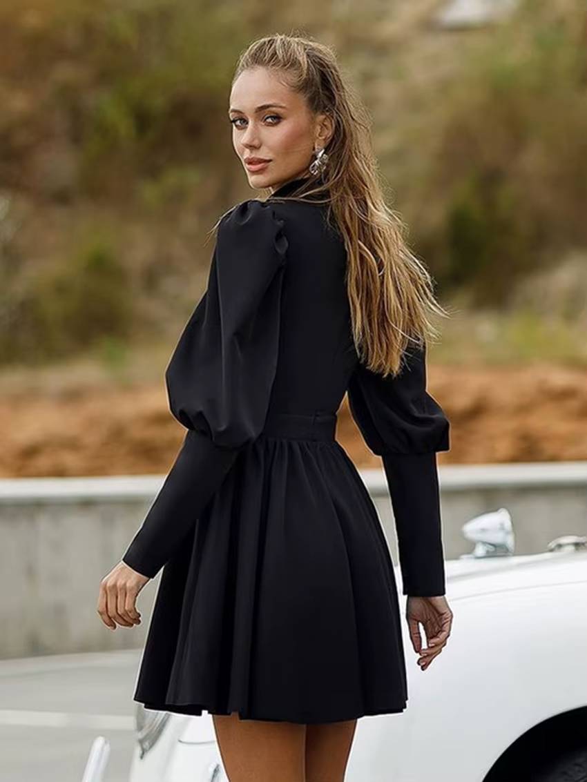 Elegant Stand Collar Long Sleeve High Waist Pleated Mini Dress