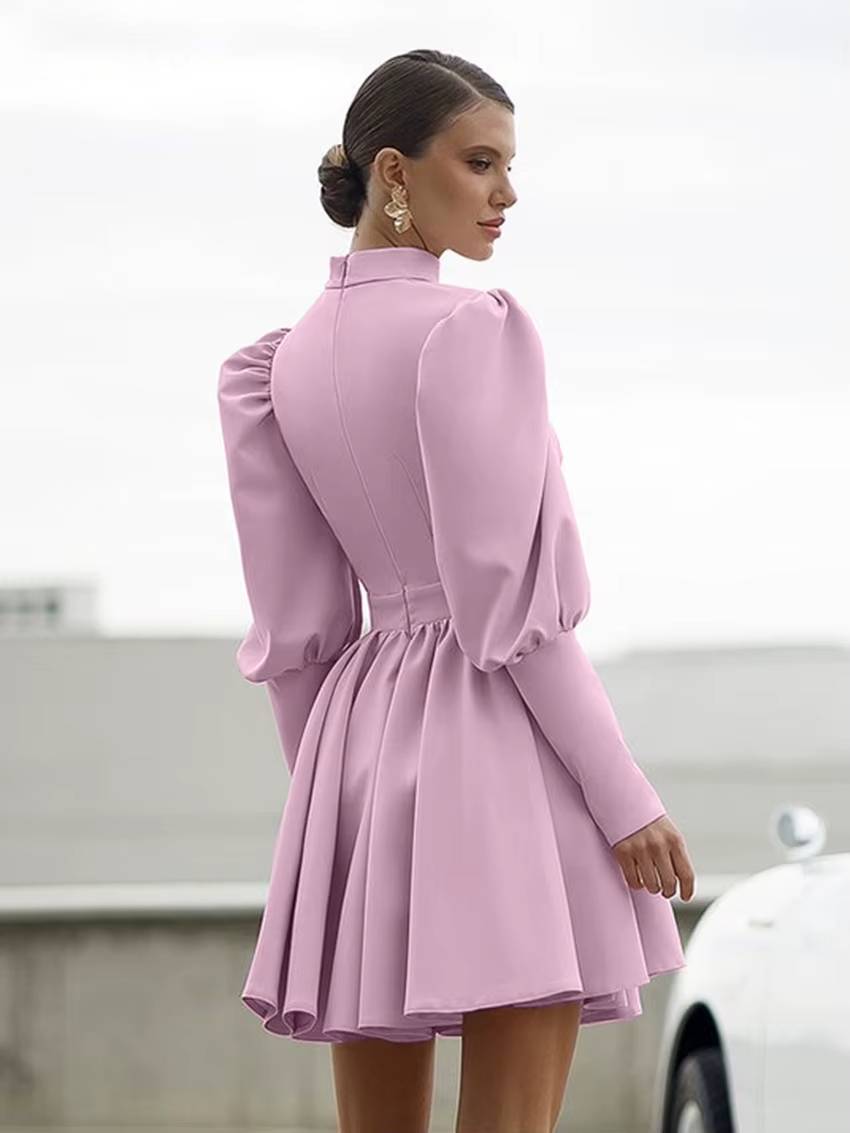 Elegant Stand Collar Long Sleeve High Waist Pleated Mini Dress