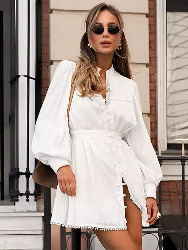 Elegant Stand Collar Long Sleeve Puff Sleeve Shirt Belted Mini Dress