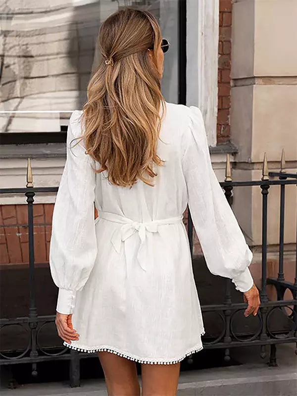 Elegant Stand Collar Long Sleeve Puff Sleeve Shirt Belted Mini Dress