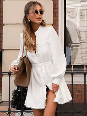 Elegant Stand Collar Long Sleeve Puff Sleeve Shirt Belted Mini Dress