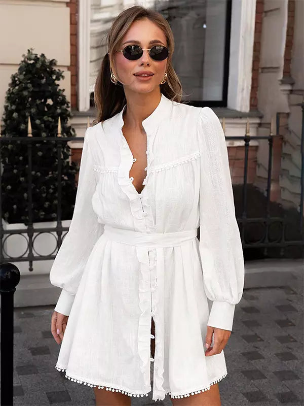 Elegant Stand Collar Long Sleeve Puff Sleeve Shirt Belted Mini Dress