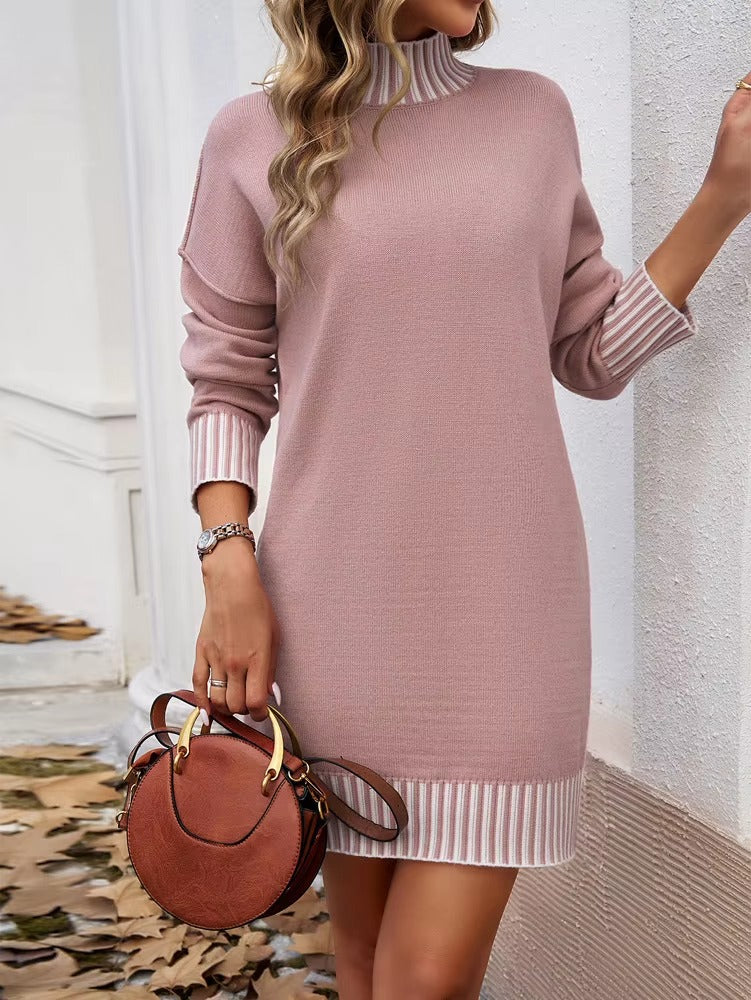 Elegant Stand Collar Long-sleeve Casual Patchwork Loose Mini Knitted Dress